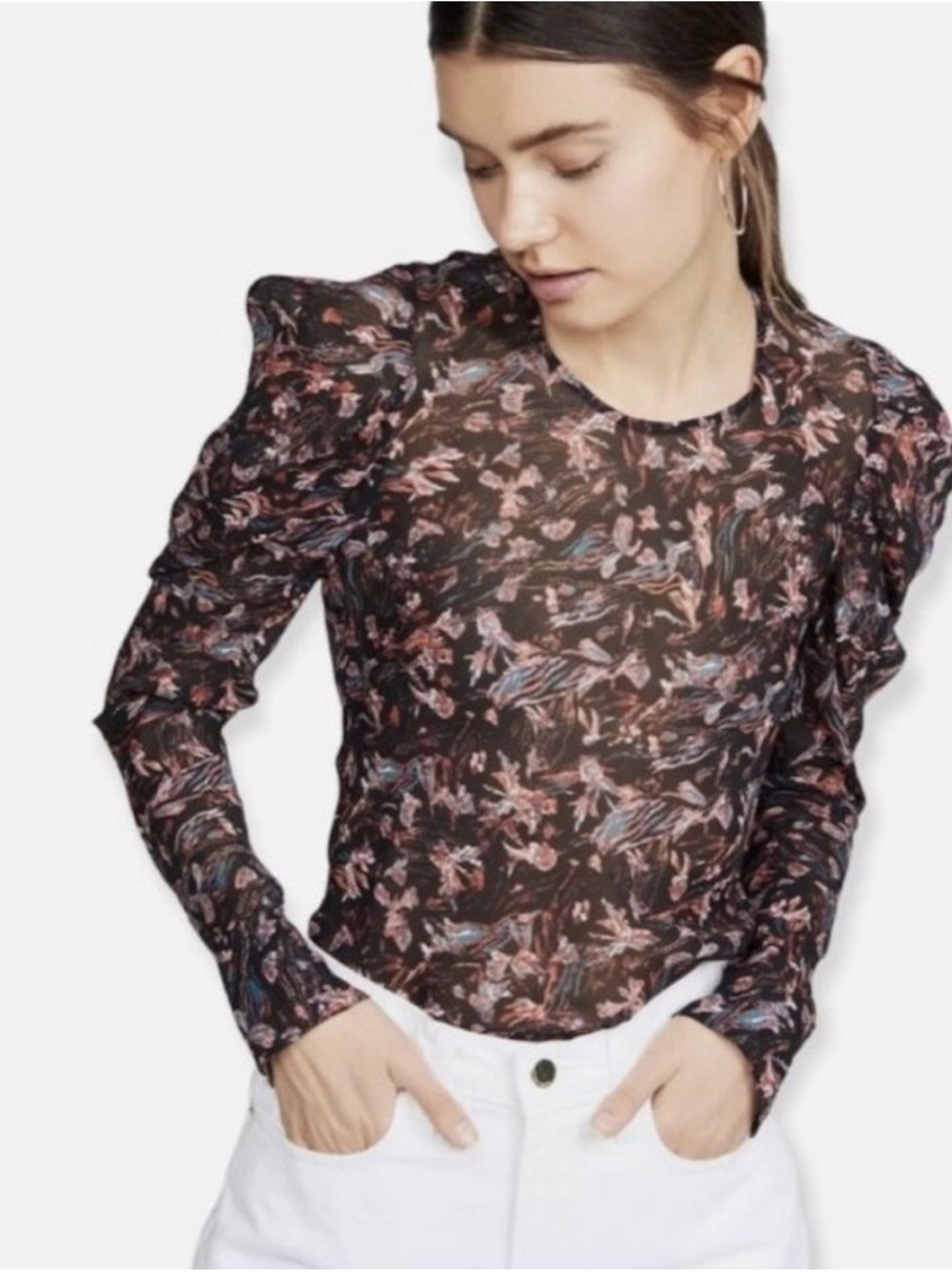 IRO Paris Black Sheer Floral Print Blouse EU 38 Keyhole Back